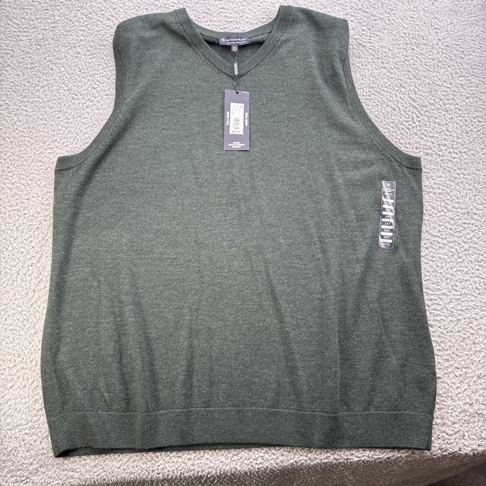 Hart Schaffner Marx Sweater Vest Mens 3XLT Green Solid Merino Wool V-Neck Golf